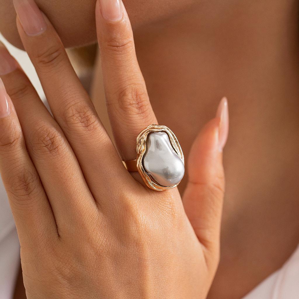 Wind Irregular Baroque Imitation Pearl Open Ring Temperament Geometric Ring Jewelry
