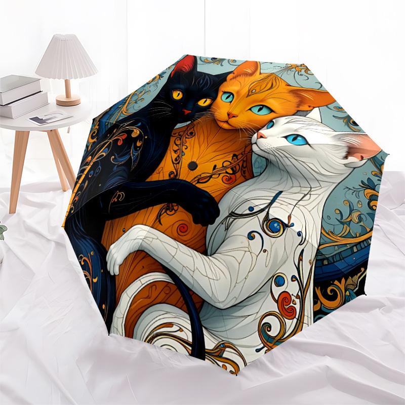 1pc Floral Cats Auto Folding Umbrella, Sturdy And Durable Automatic Folding Umbrella with 8 Ribs, Convenient for Outdoor Use092