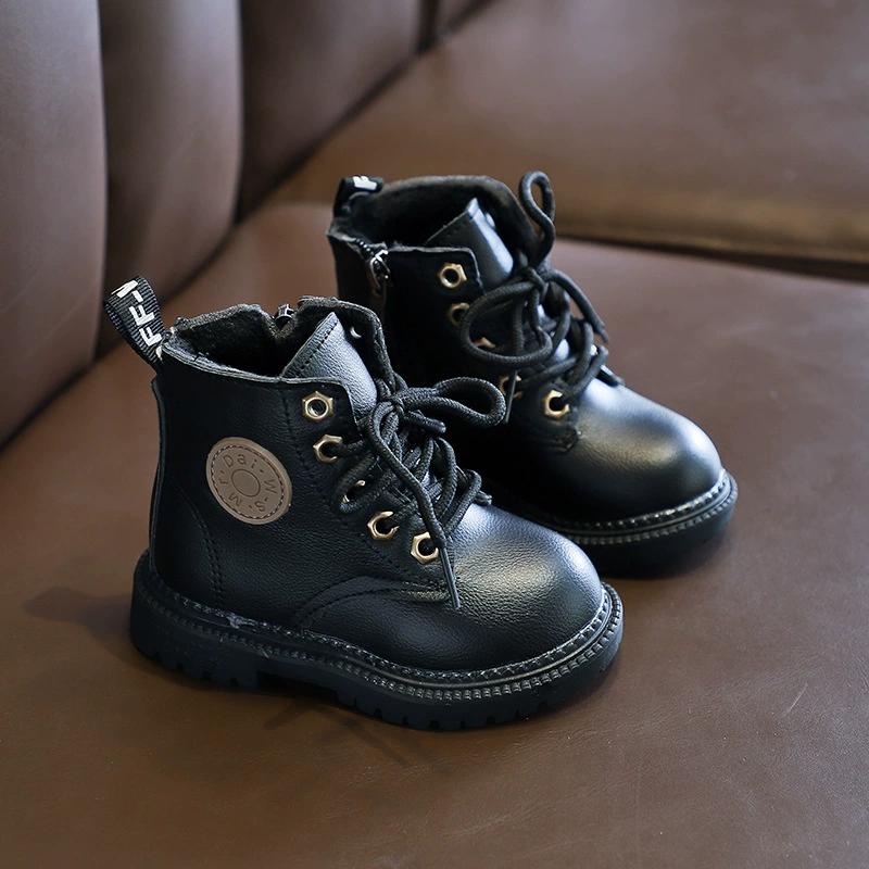 Autumn Winter Children Boots Boys Girls Leather Martin Boots Plush Fashion Waterproof Non-slip Warm Kids Boots Shoes