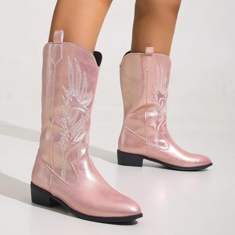 Western Cowboy Boots 2024 Winter Fashion Mid-calf Women's Boots Retro Pointed Toe Slip-on Mid Heel Pink Boots Shoes for Women