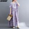 DIMANAF Plus Size Linen Summer Dress Beach Sundress  Floral Casual Purple Women Clothing