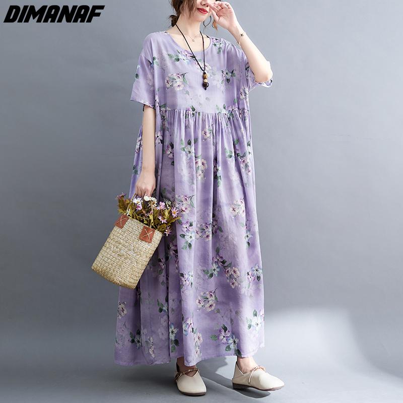 DIMANAF Plus Size Linen Summer Dress Beach Sundress  Floral Casual Purple Women Clothing