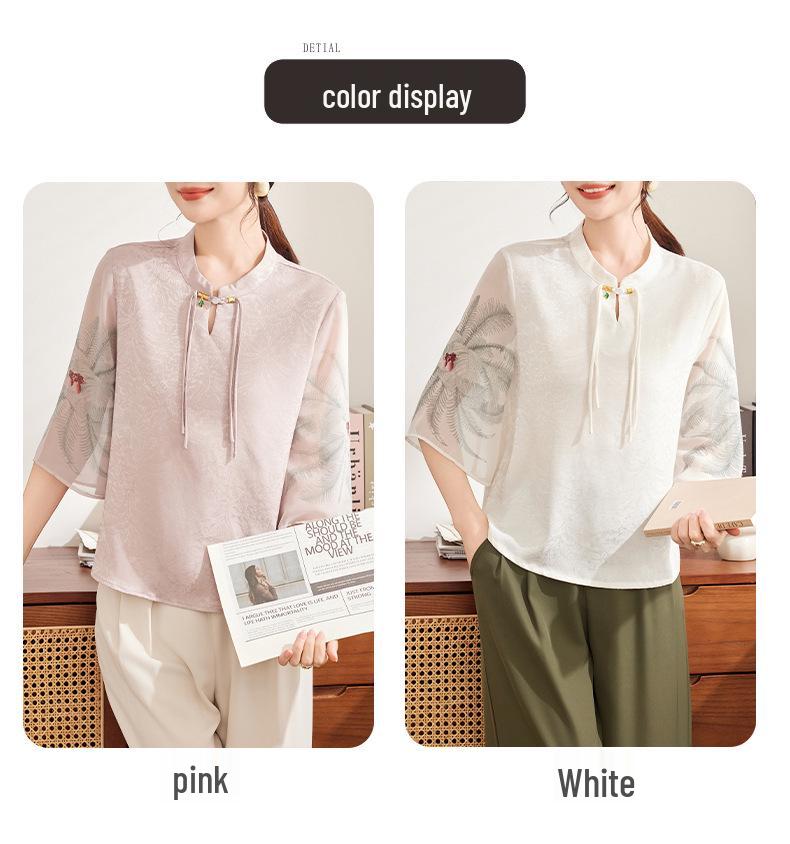 Mom's Stylish Chinese Stand Collar Chiffon Top for Spring/Summer - Seven-Sleeve Blouse for Middle-Aged & Elderly Women
