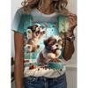 Ute Playful Puppy Dog Print Women Crew Neck Short Sleeve T-Shirt Fashion Casual Summer Tee