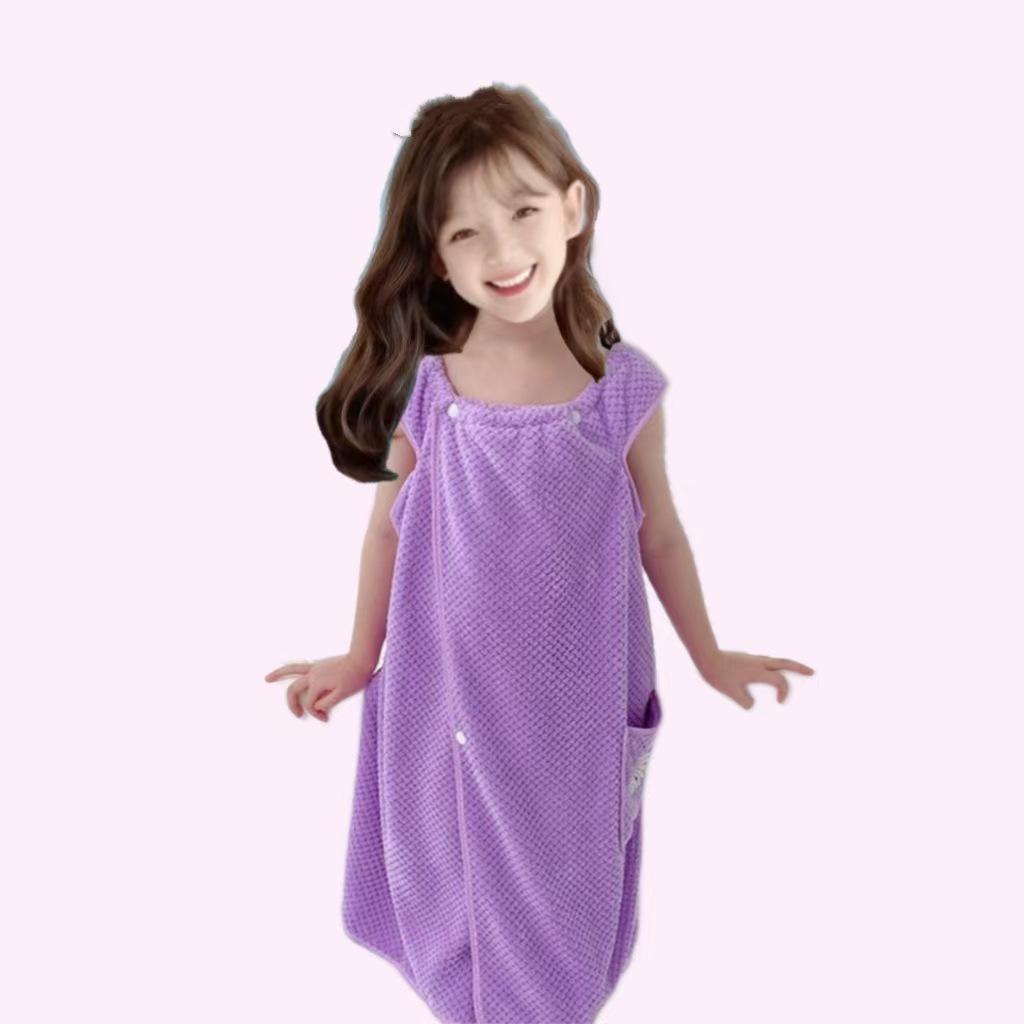 Polog Children's Quick-Dry Embroidered Bath Skirt Towel - Snap Button, Anti-Exposure, Non-Shedding, Non-Fading Coral Fleece.