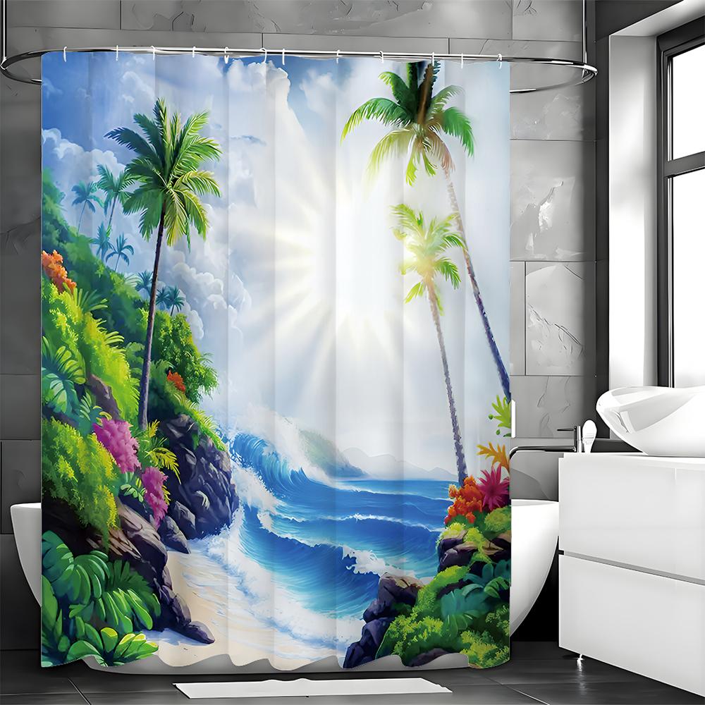 Ocean Scenery Coconut Tree Greenery Shower Curtain, Bathroom Decorative Shower Curtain, Waterproof Shower Curtain with Hooks