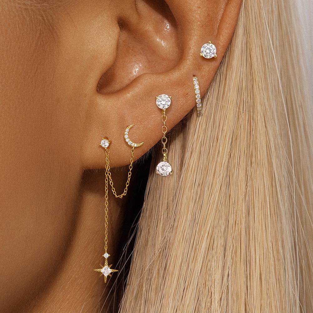 4PCS Women's Earrings Set Stainless Steel Cubic Zirconia Chain Moon Star Unique Punk Unisex Rock Earring Piercing Jewelry