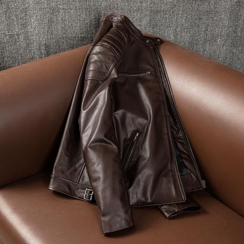 Genuine Goatskin Leather Jacket Mens Biker Coat Slim Fit Short Casual Fashion Large Size Jacket
