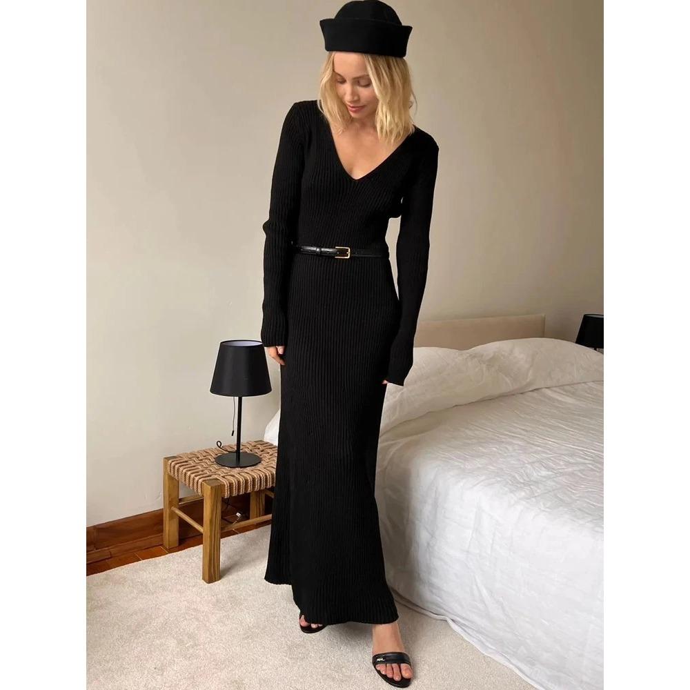 Women's Knitted Dress Elegant V Neck Thick  A-line Dress Brown Long Sleeve Vintage Midi Casual Dresses for Women