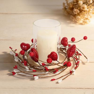 Love Heart Berry Candle Ring Artificial Red Berry Wreath Candle Holder Garland Valentine's Day Mother's Day Festival Party Table Centerpiece