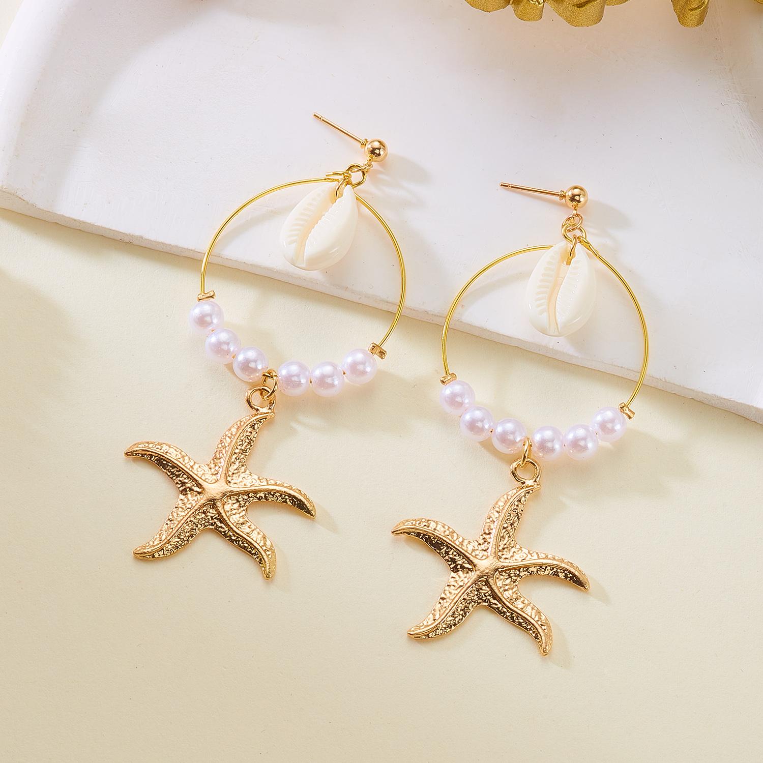 

Imitation Pearl Starfish Shell Fringe Earrings Summer Pendant Earrings Beach Vacation Style Accessory Fashion Daily Accessory