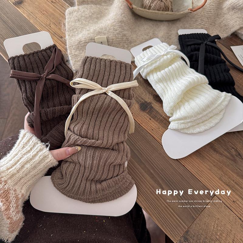 Kids Leg Warmers INS Fashion Solid Color Knitted Boot Cuff with Bow Winter Warm Leg Warmers for Girls Retro Over The Knee Socks