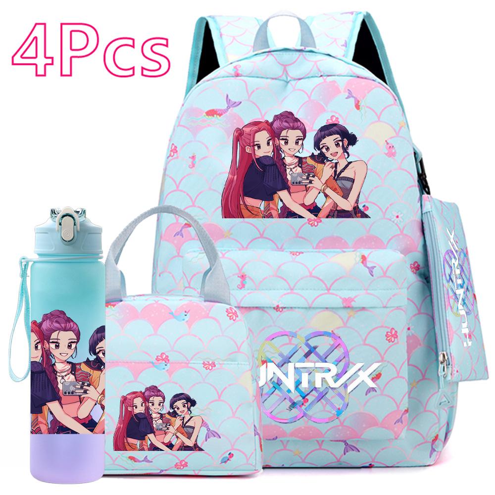 4Pcs/set Anime Cute K-POP Printed Backpack Large Capacity Bookbag HandBag Case Bag with 750ml Water Bottler Boy Girl SchoolBag Waterproof Mochila