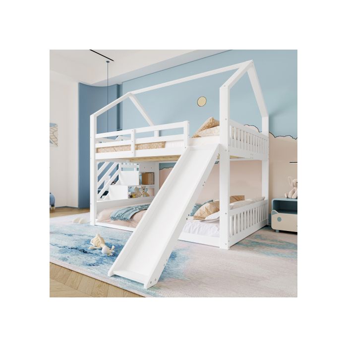 Patrová postel s úložným žebříkem a skluzavkou, přistýlka (bez matrace) 140x200cm, bílý
