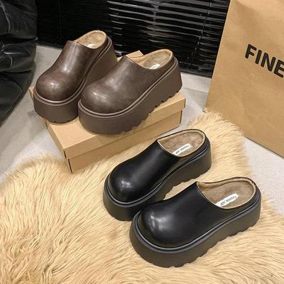Short Plush Chunky Women Mules Slippers Casual Cover Toe Platform Flats Slides Ladies Comfort Cotton Shoes