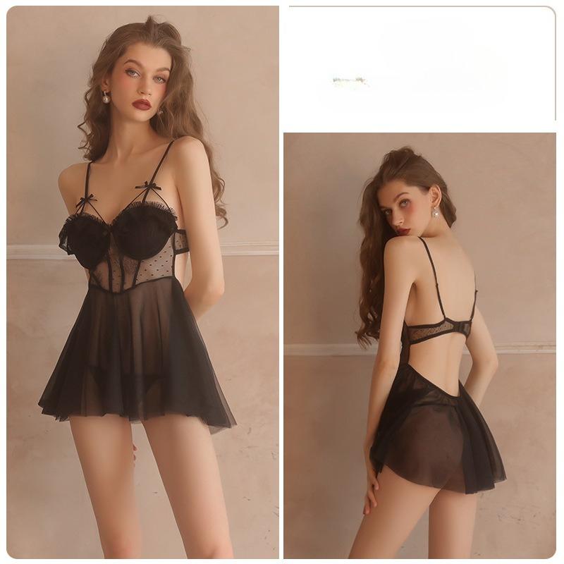 Damen Sexy Netz-Nachthemd mit Polsterung Bügel Trägerhemd Spitze Durchsichtiges Kleid und Tanga Set