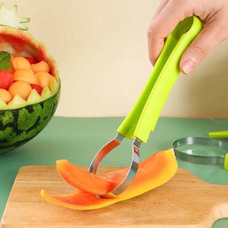 Multifunktionales Melonenkugelausstecher- und Schnitzmesserset Edelstahl Fruchtspatel Wassermelonen- und Cantaloupe-Schneider Küchenwerkzeuge