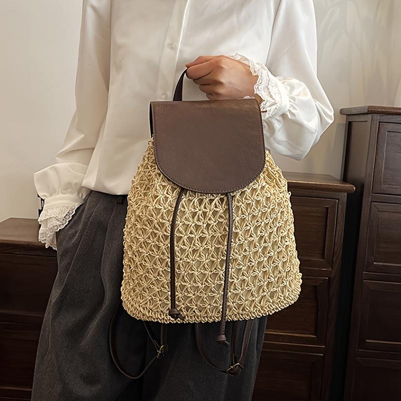 Woven Straw Backpack Drawstring Flap Small Backpack