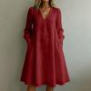 Women Casual Loose Fit Vintage Embroidered Floral V Neck Long Sleeve Dress Comfortable Everyday Wear