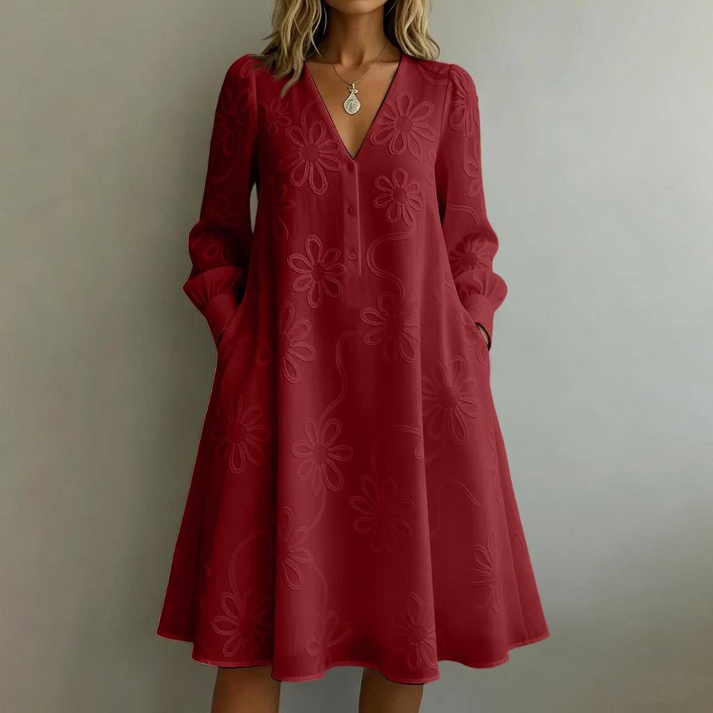 Women Casual Loose Fit Vintage Embroidered Floral V Neck Long Sleeve Dress Comfortable Everyday Wear
