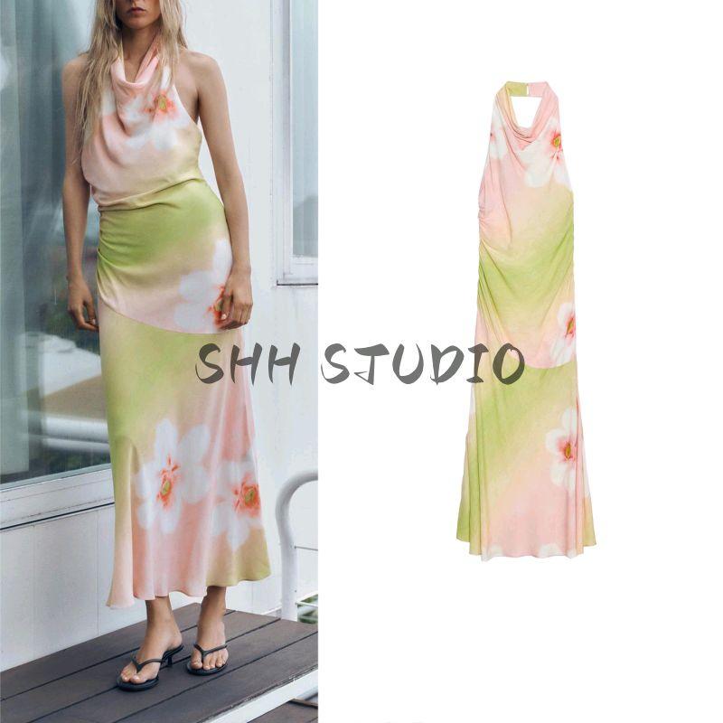 Summer New Product Women's Clothes French Style Open Back Design Flower Print Elegant Hanging Collar Dress 2587078