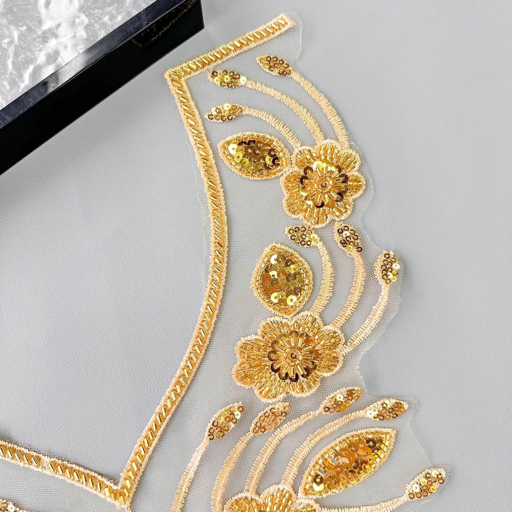 Gold Heavy Industry Beaded Sequins V-Neck Embroidered Decal Dress Performance Dress Decorative Front Neck Cloth Stickers Accessories