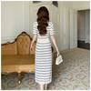 Women's French-Style Striped Color-Block Knit Dress, Waist-Cinched Slimming Midi