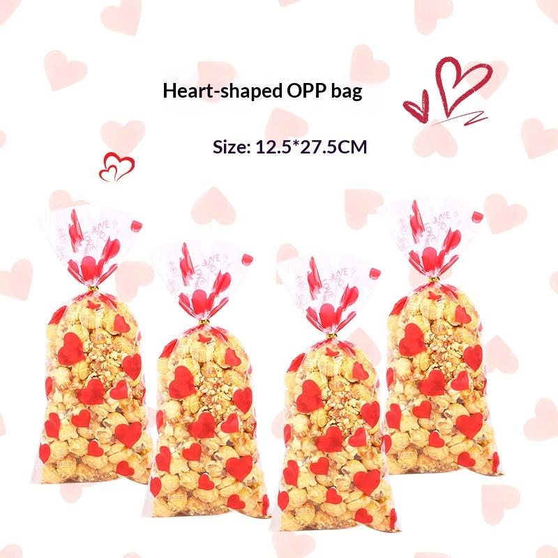 30/50/100Pcs Transparent Plastic OPP Bags Red Heart LOVE Printed Gift Bags With Golden Ties For Valentine'S Day And Couples