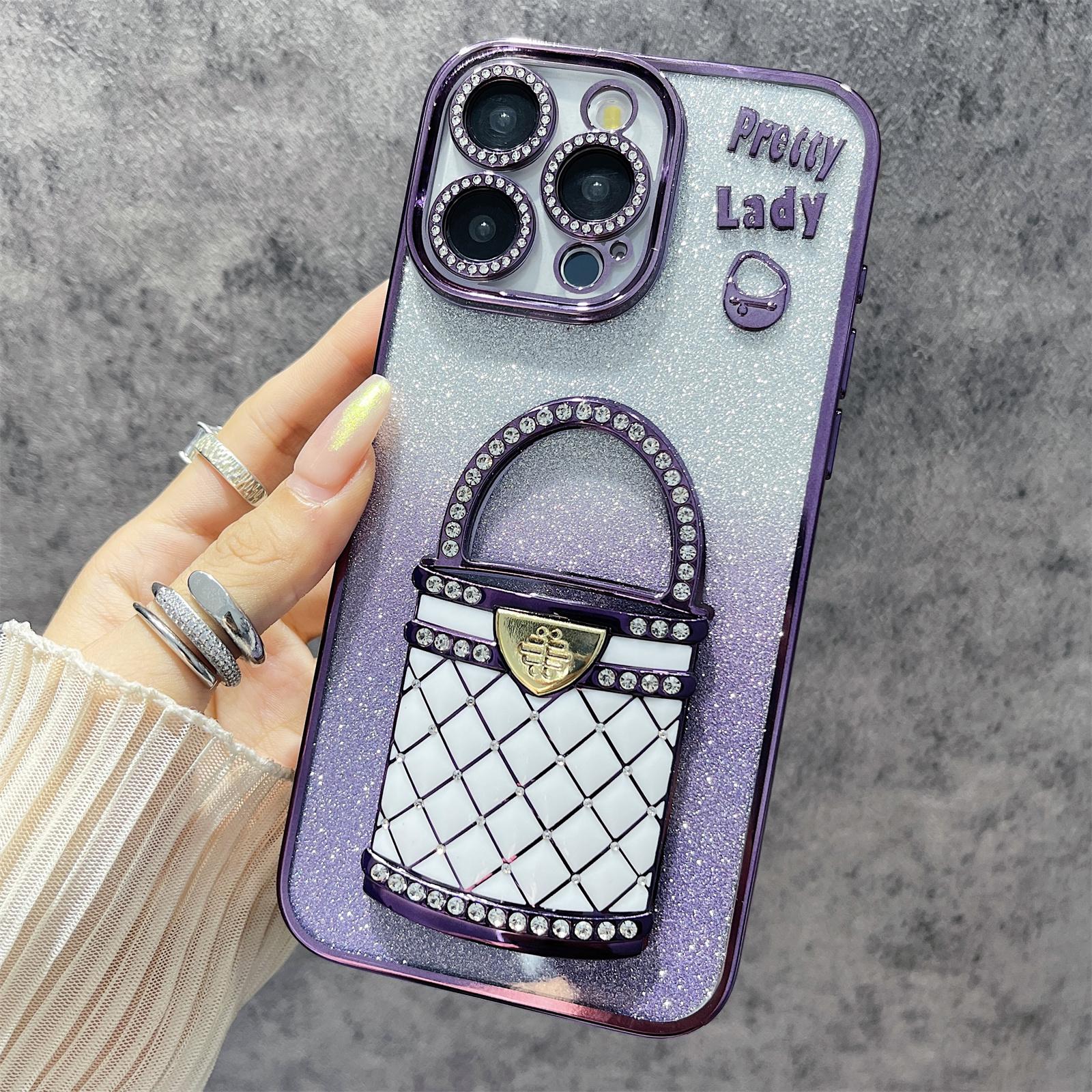 

For iPhone 16 Pro Case Mirror Kickstand TPU+PC Gradient Glitter Phone Cover Purple