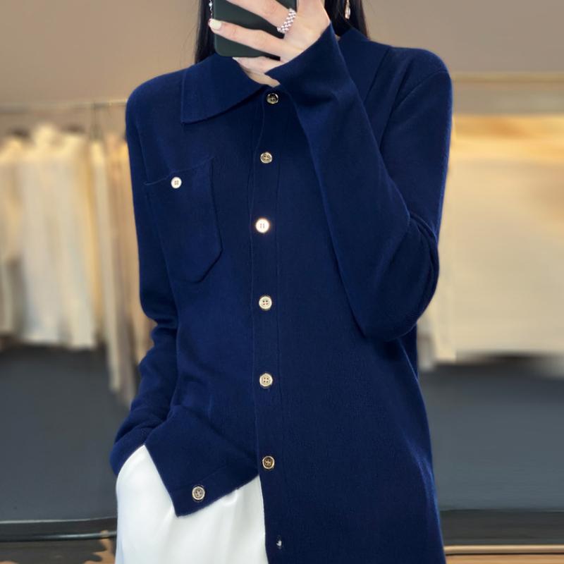 Polo Collar Worsted Wool Knitted Cardigan for Women In Autumn and Winter New Fashionable and Versatile Skin-friendly Sweater Jacket Soft and Warm Top