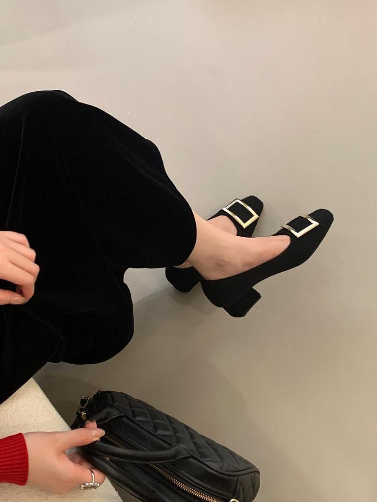 2025 Autumn and Winter New Round Head Thick Heel Metal Buckle Commuter Work Suede Women's Single Shoes