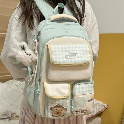 Schoolbag Fashion Polka Dot Backpack Women's Large Capacity Campus Junior High School Student School Bag Cute Transparent Splicing Plaid Backpack