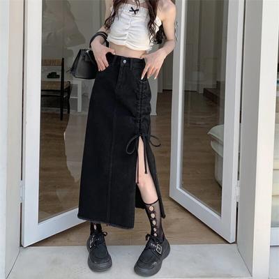 Novas Saias Jeans Góticas Pretas Femininas Franzidas com Fenda Longas Saias Jeans Moda Cintura Alta Saia Jeans Verão Casual Streetwear