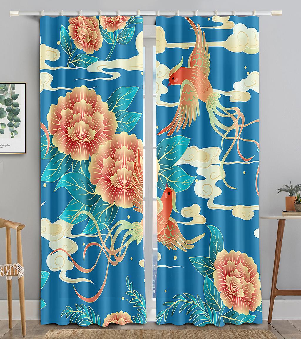 

Chinese Tradtional Gold Fish Sea WaveBlackout Window Area Drape Living Living Space Bed Chamber Bathroom Kitchen Door Kitchen Cupboard Decor Deco W50 X H130(CM)X2&Hook