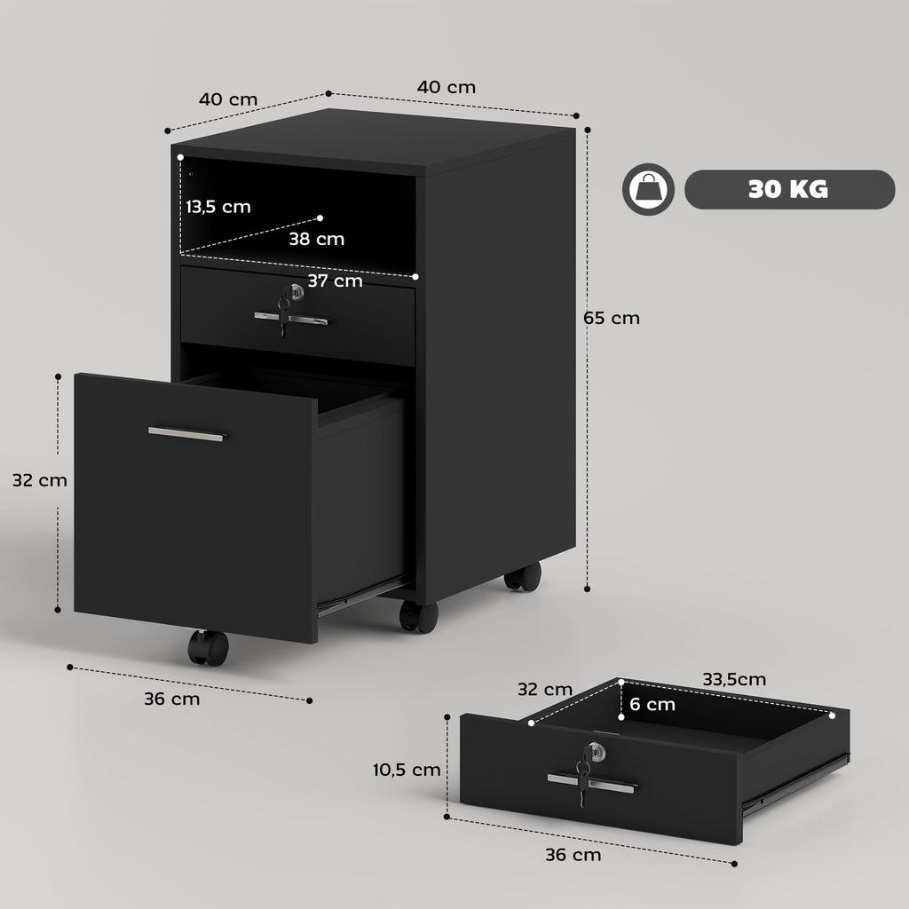 Office Cabinet Mobile Pedestal, 2 Drawers, One Drawer Lockable, 5 Casters, Black, 40 x 40 x 65 cm