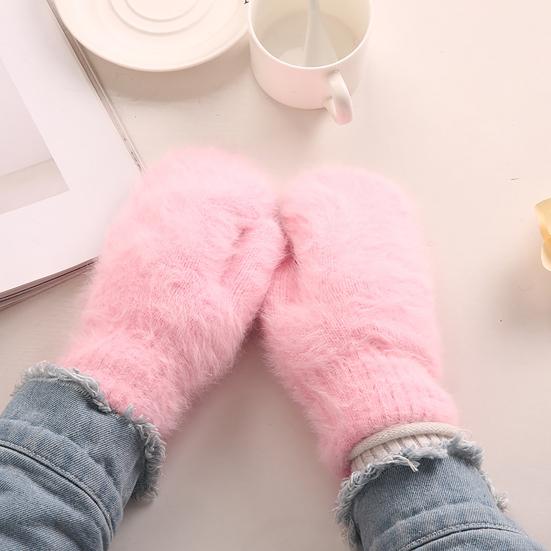1 Pair Adults Mittens Thickened Stretchy Soft Fuzzy Cozy Cold Resistant Solid Color Windproof Winter Women Gloves for Outdoor