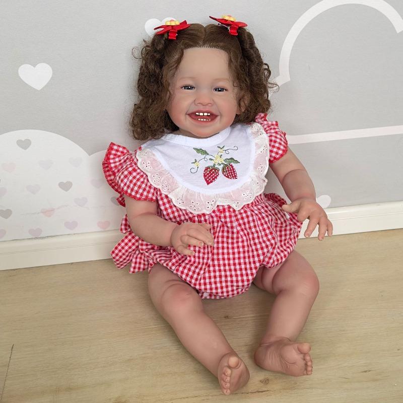 Lebensechte Reborn-Puppe Mila mit bemalter 3D-Haut, 60 cm, Stoffkörper mit PP-Baumwolle, Simulationspuppe, echt aussehende, glücklich lächelnde Babypuppen für Kinder, Weihnachtsgeschenk