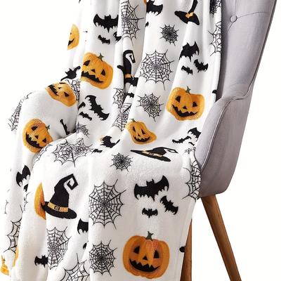 1pc Halloween Theme Flannel Blanket Spider Web Witch Hat Black Bat Pumpkin Print Soft Cozy Throw Blankets Perfect Gifts