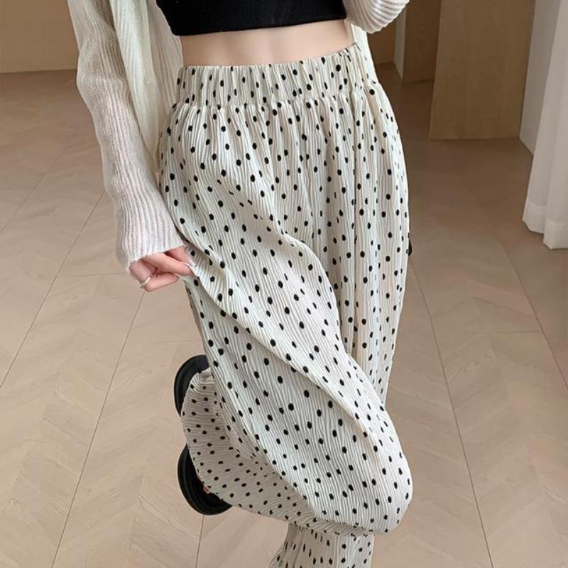 Polka Dot Pleated Wide Leg Pants for Women Summer Thin High Waist Drape Straight Loose Ice Silk Feel Floor Long Pants