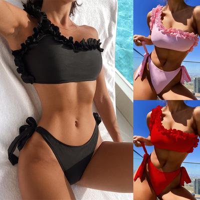Costum de baie pentru femei Culoare uni Dantela pe un umăr Bikini sexy cu cravată laterală Tanga îmbrăcăminte de plajă braziliană Costume de baie