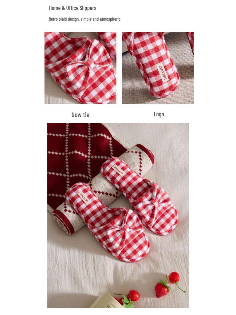 Four Seasons Plaid Bow TPR Sole Non-Slip Durable Women's Indoor Slippers