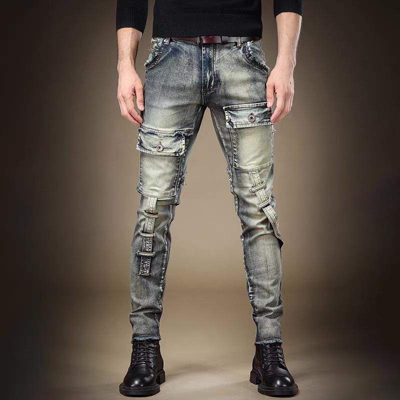 Men's Slim Fit Retro Washed Workwear Jeans - Trendy Autumn Style with Scraped Edges