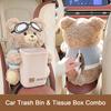 Car Trash Can with Tissue Box Cute Bear Design Plush Doll Waterproof Inner Bucket Car Armrest Organizer Fits Most Center Consoles