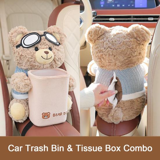 Car Trash Can with Tissue Box Cute Bear Design Plush Doll Waterproof Inner Bucket Car Armrest Organizer Fits Most Center Consoles