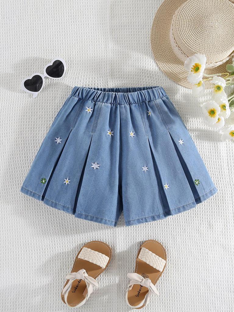 Single-piece Girls' Six-pointed Star Embroidered Casual Pleated Wide-leg Light-colored Denim Shorts/skirt