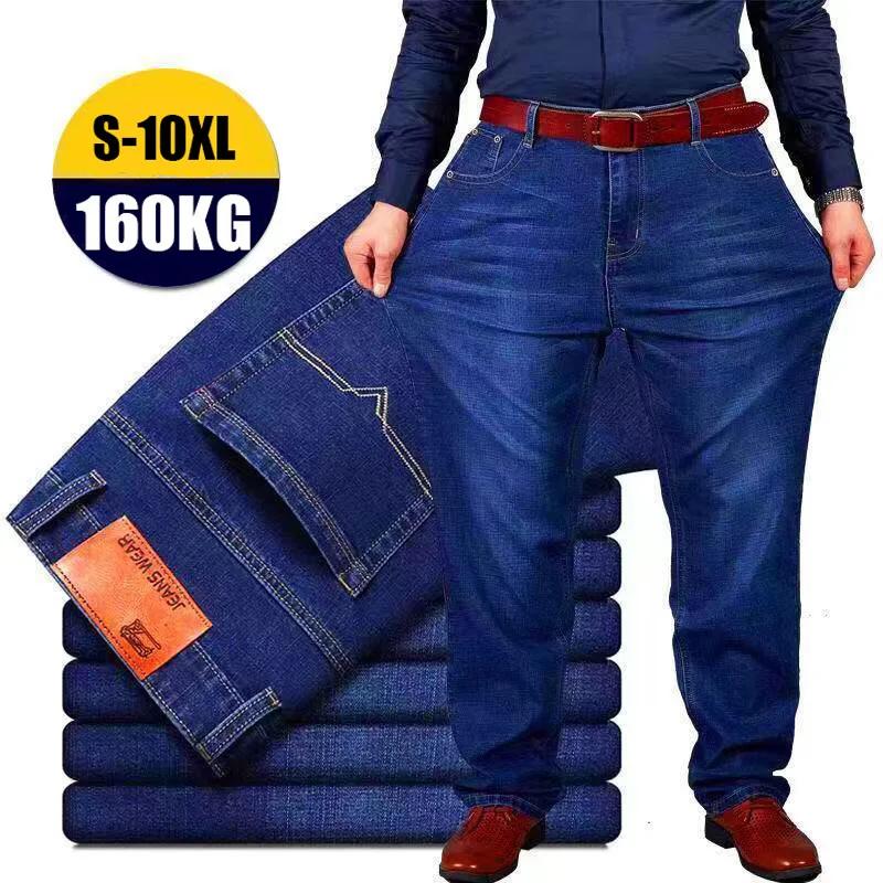 Men Denim Jeans Casual Fashion Business Pants Elastic Loose Straight Long Large Size