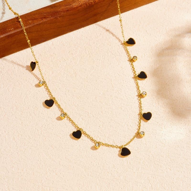 Gold Tone White Enamel Heart Charm Choker Necklace with Zircon