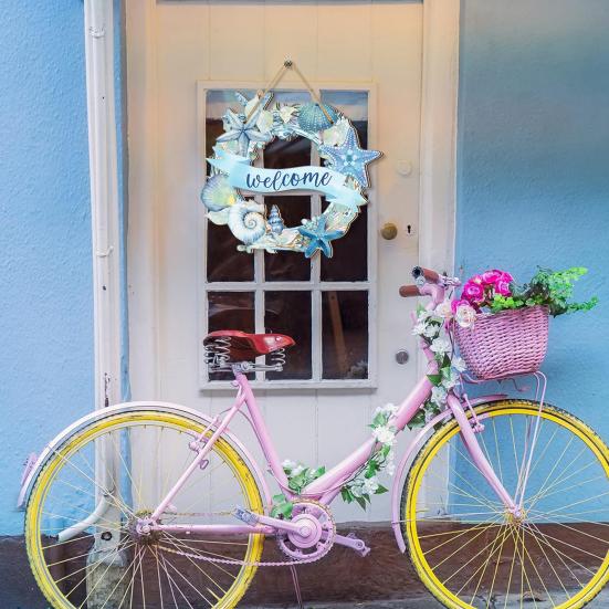 Panneau de Porte Étoile de Mer Coquillages Design Aquarelle Bois Décor Plage avec Corde de Suspension Imperméable Extérieur Intérieur Panneau Entrée Bord de Mer Accent Maison