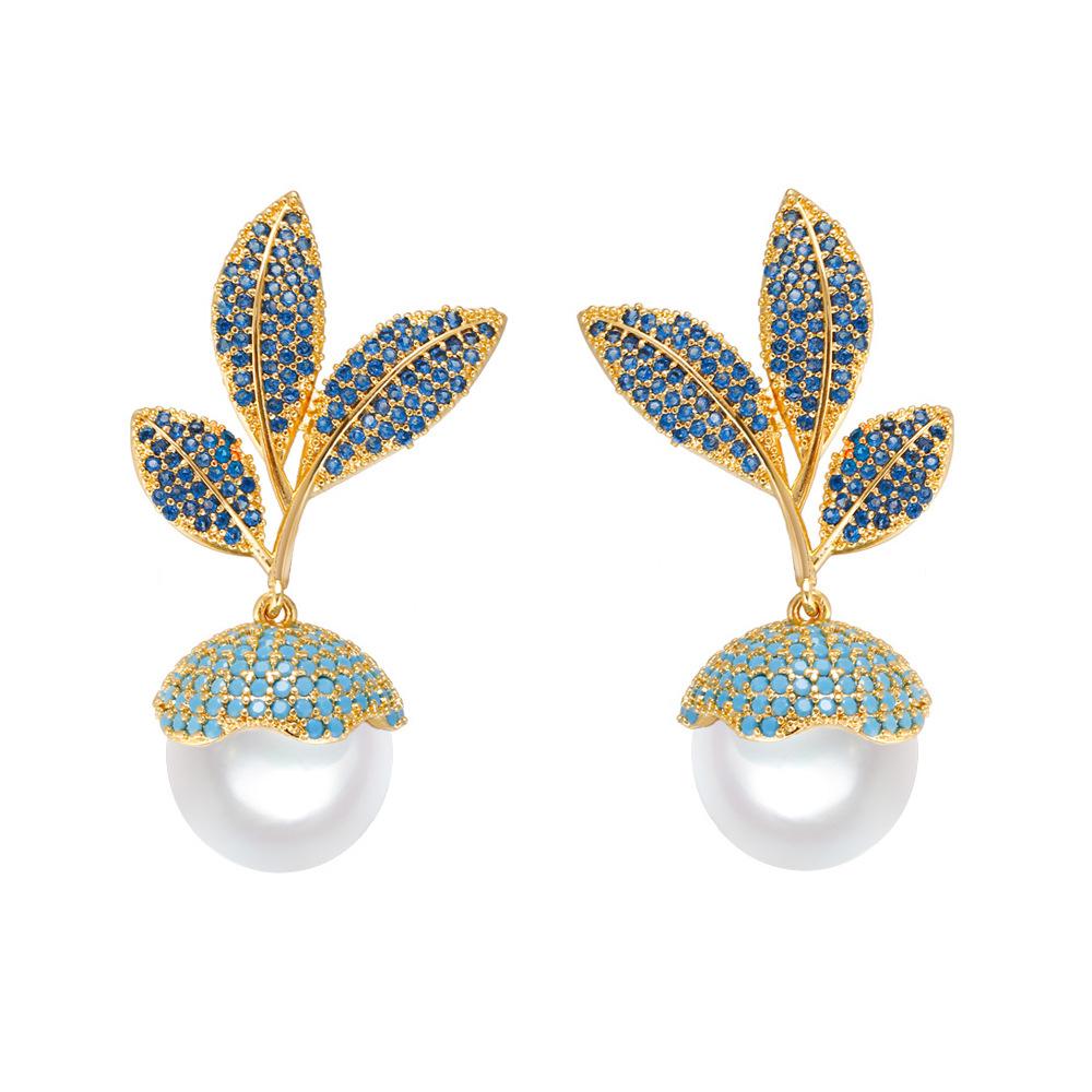Vintage Medieval Light Luxury Leaf Turquoise Pearl Earrings Temperament Micro-Inlaid Zircon Pearl Earrings Earrings