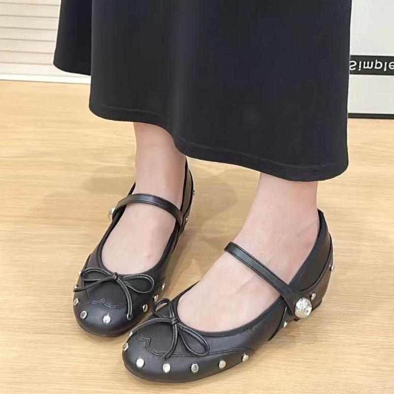 New Style Elegant Mary Janes Women's Flat Daily Dress Ladies Bow Tie Shallow Buckle Strap Soft Bottom Outdoor Flat Pumps